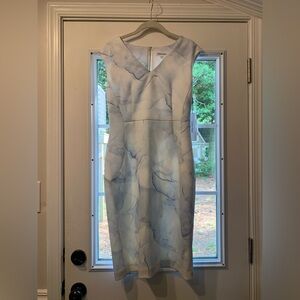 Calvin Klein Blue and White Sheath Dress V-Neck Midi